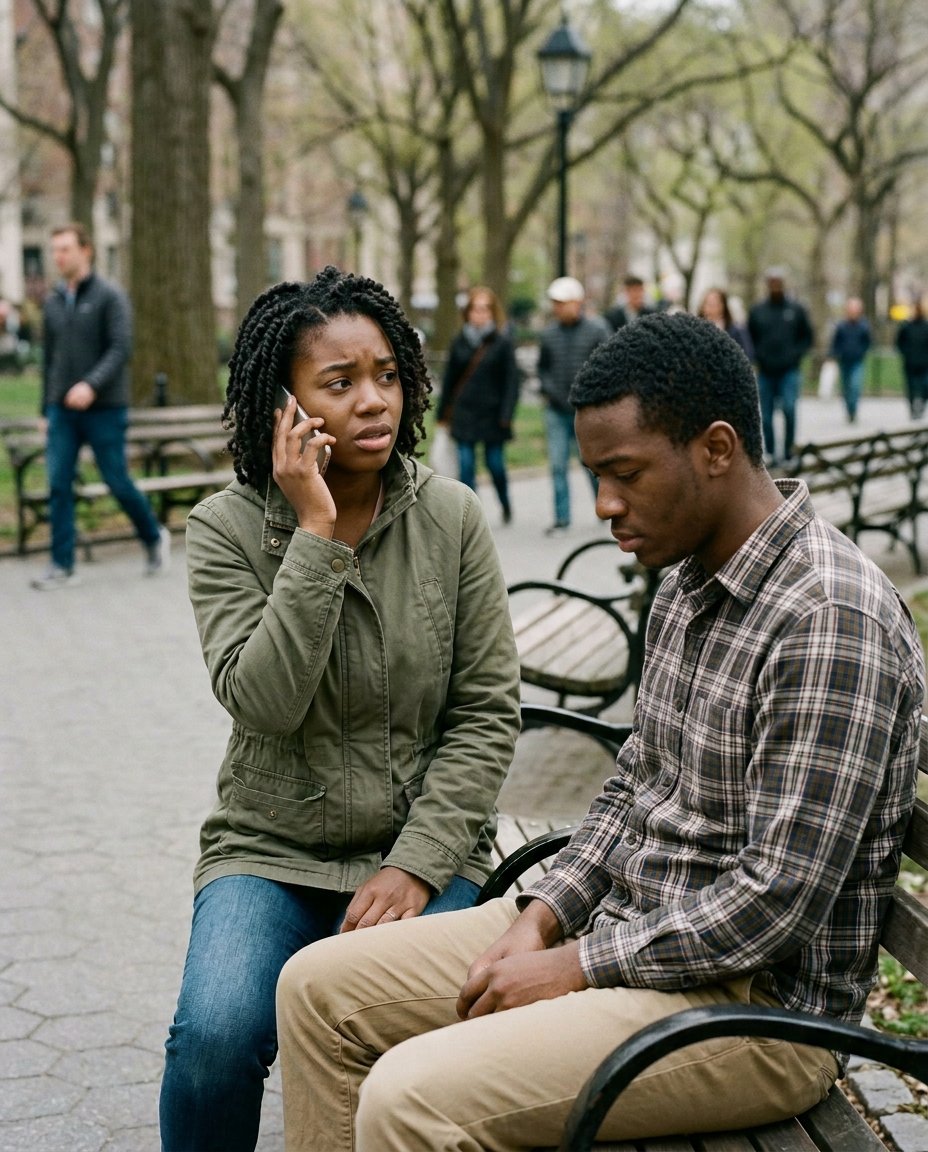 A young woman calling for help while sitting beside a young man